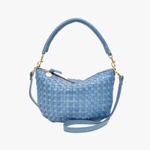 Clare V. Petite Moyen Messenger in Light Blue Woven Checker